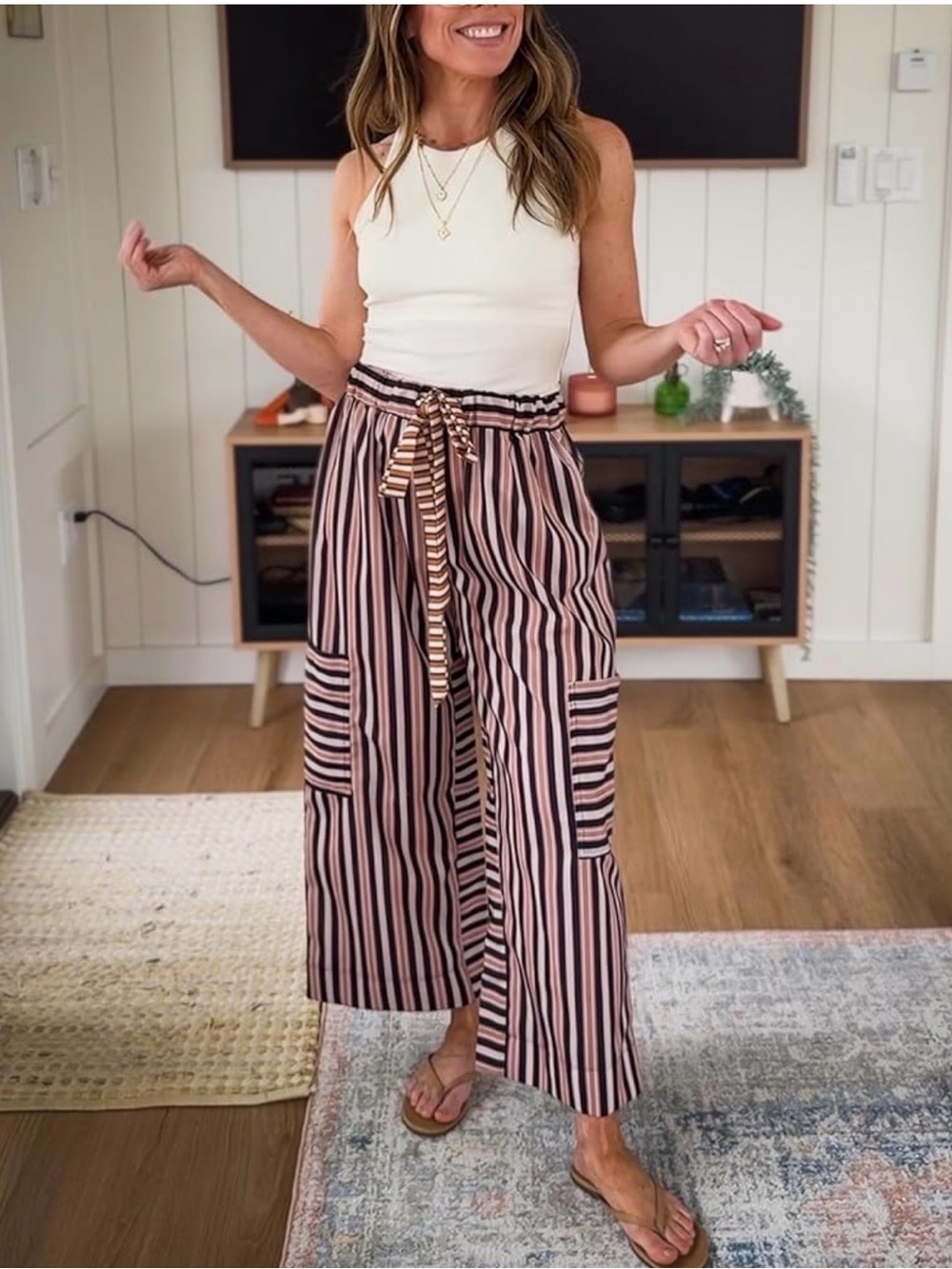 NWT Striped Wide-Leg Tie-Waist Pants - Blush & Black SIZE XL